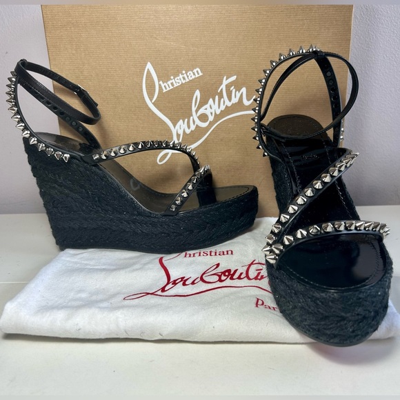 New! CHRISTIAN LOUBOUTIN MAFALDINA ZEPPA WEDGE SANDAL SPIKES BLACK LEATHER SZ 38 - Picture 10 of 15